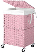 Chrislley 90L Slim Laundry Hamper with Wheels, Rolling Laundry Basket with Lid and Renovable Liner Bag, Handwoven Rattan Organizer for bedroom, bathroom, laundry room (Pink)
