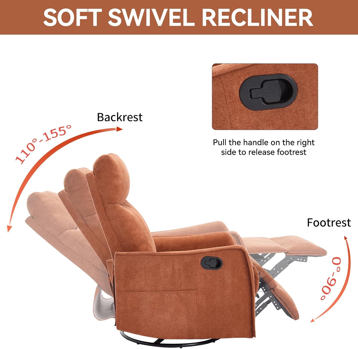 Anwick 360° Swivel Rocker Recliner Chair with Heat and Massage, Manual Upholstered Recliner for Small Spaces, Fabric Glider Nursery Chair with Side Pockets for Living Room (Orange)