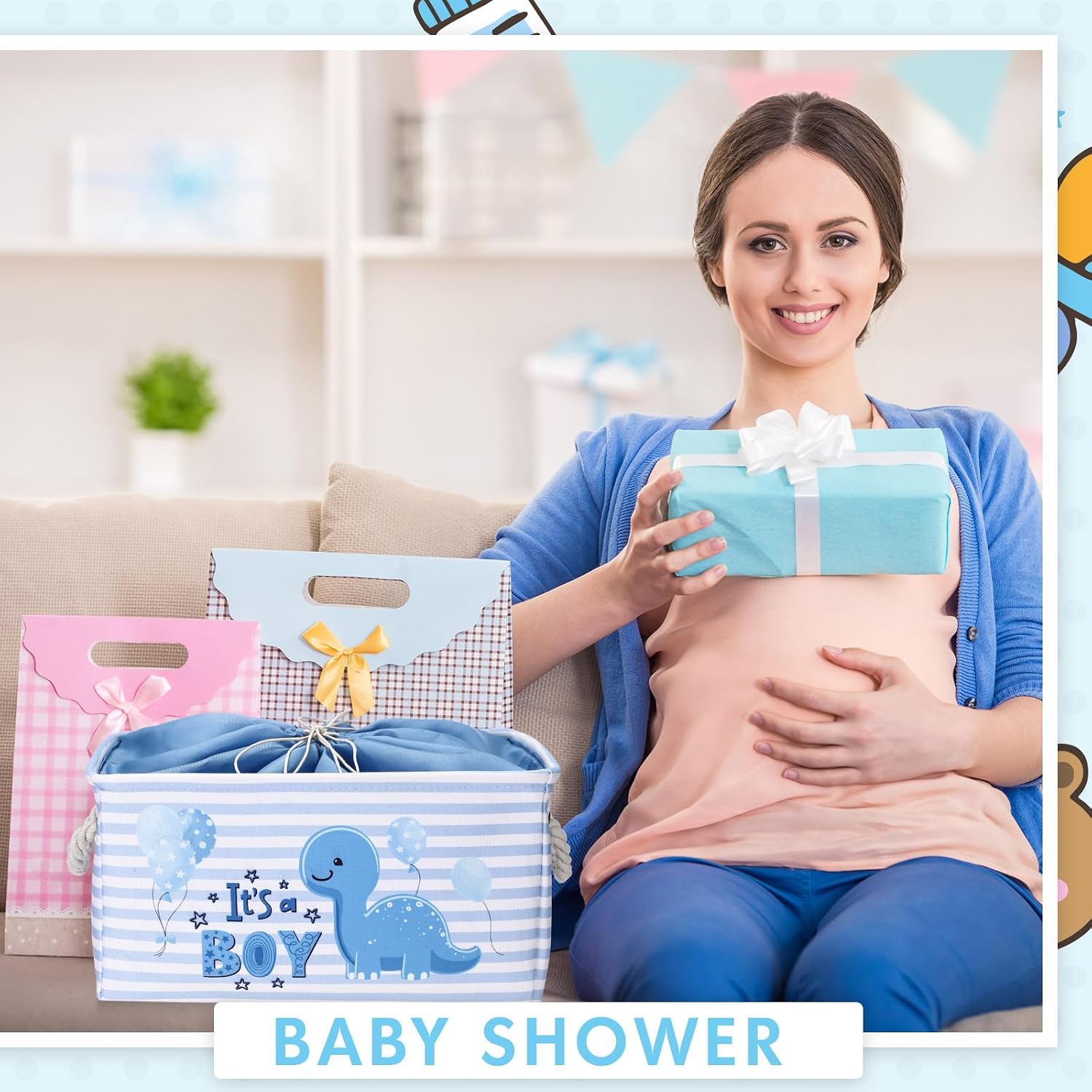 Nursery Storage Dinosaur Baby Storage Basket for Baby Shower Dinosaur Basket with Drawstring Closure 15.75 x 11.81 x 8.27 Inches Collapsible Gift Bin for Diaper Toy Nursery Room