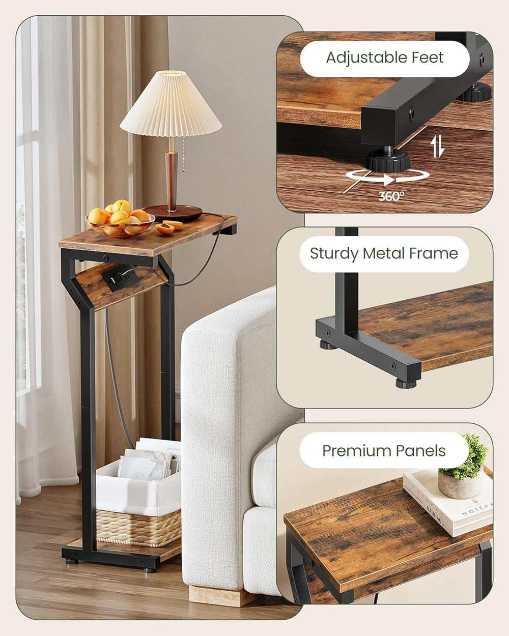 CHOEZON Narrow Side Table with Charging Station, 27" Skinny End Table fo...