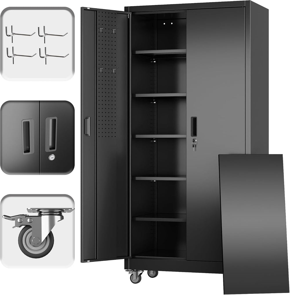 SUXXAN 71" Metal Storage Cabinet with Wheels, Pegboard, Lock, 5 Shelves ...