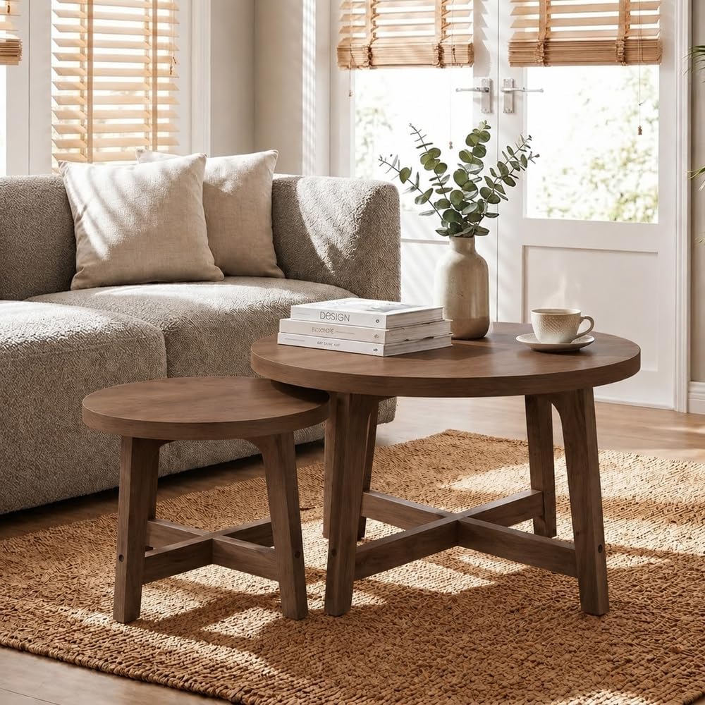 Set of 2 Round Nesting Coffee Tables,Walnut Tone | X-Shaped Frame, Stackable ...