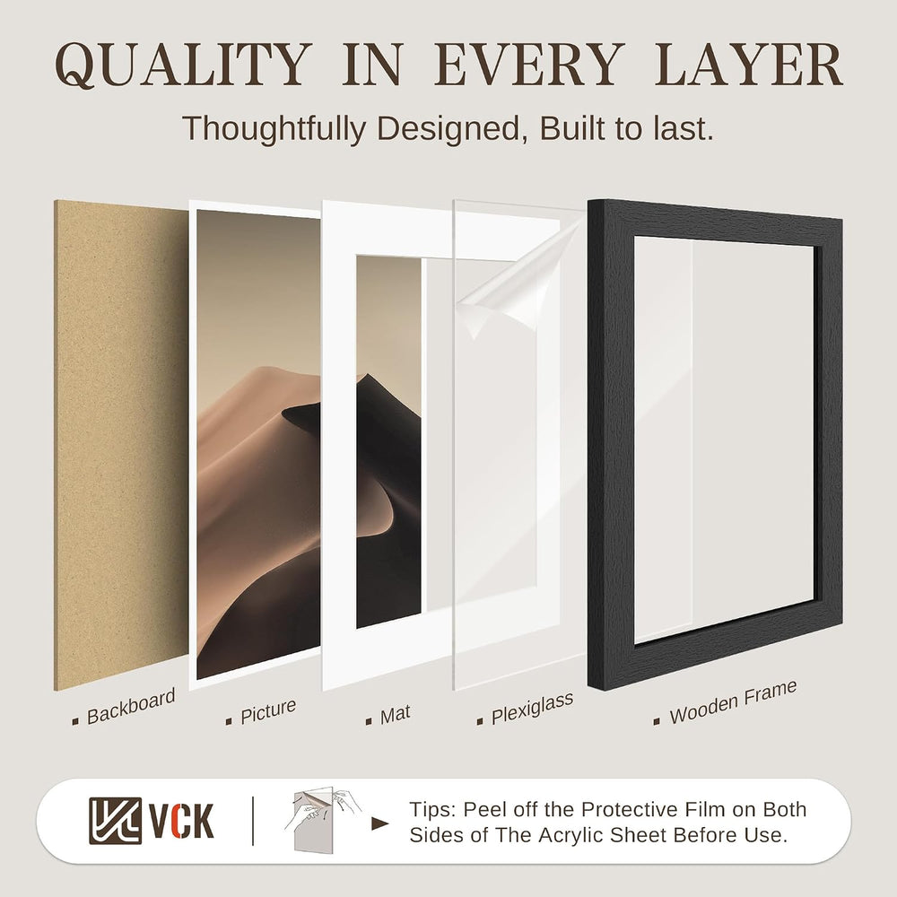 VCK 16x24 Picture Frame 4 Pack, Black Solid Wood, 12x18 Mat, for Poster