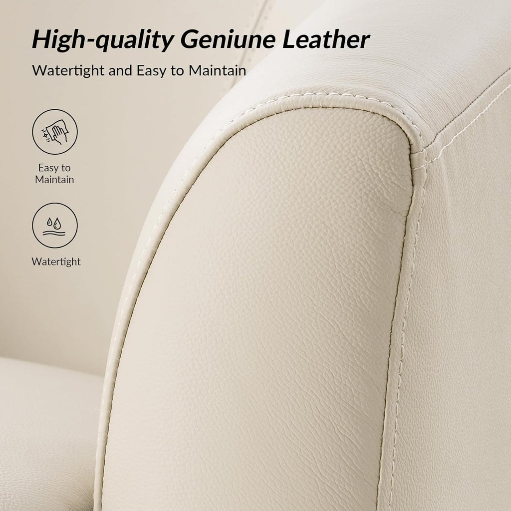 HULALA HOME Genuine Leather Swivel Barrel Chair, Round Swivel Accent Chair with Solid Wood Base, No Assembly Required, Beige
