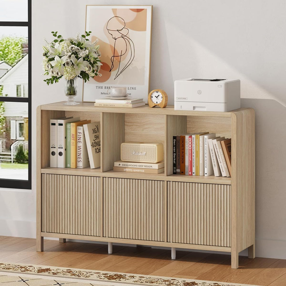 FATORRI 6 Cube Horizontal Bookshelf with 3 Doors, Modern Wood Book Shelf with...