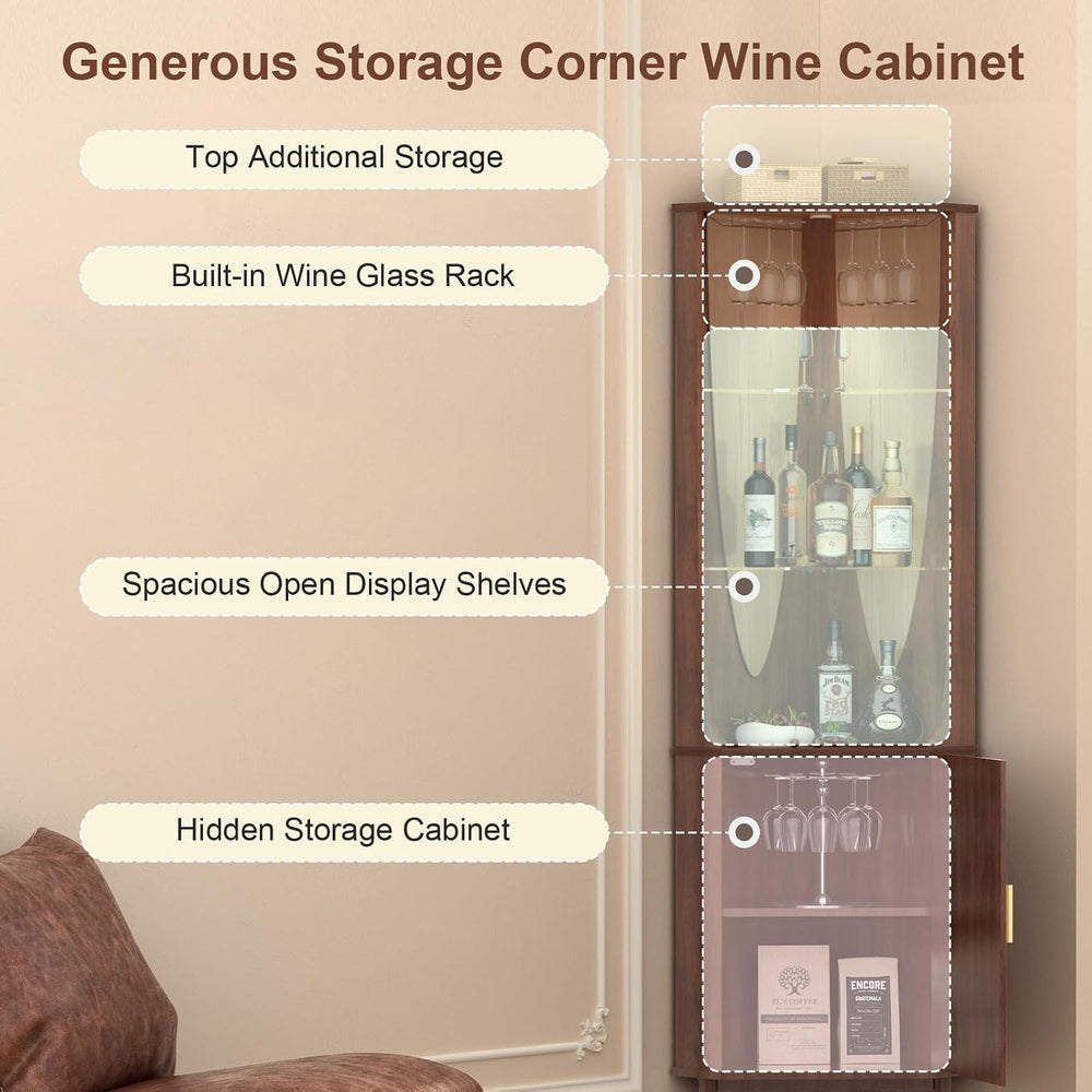 JOINICE Tall Corner Bar Cabinet for liquor,Mid-Century Modern,Walnut,70"