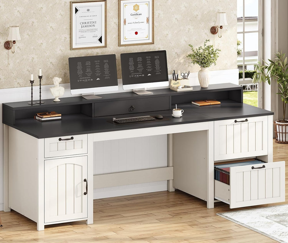 SEDETA 63" Farmhouse Executive Desk with Drawers and Storage, White + Black