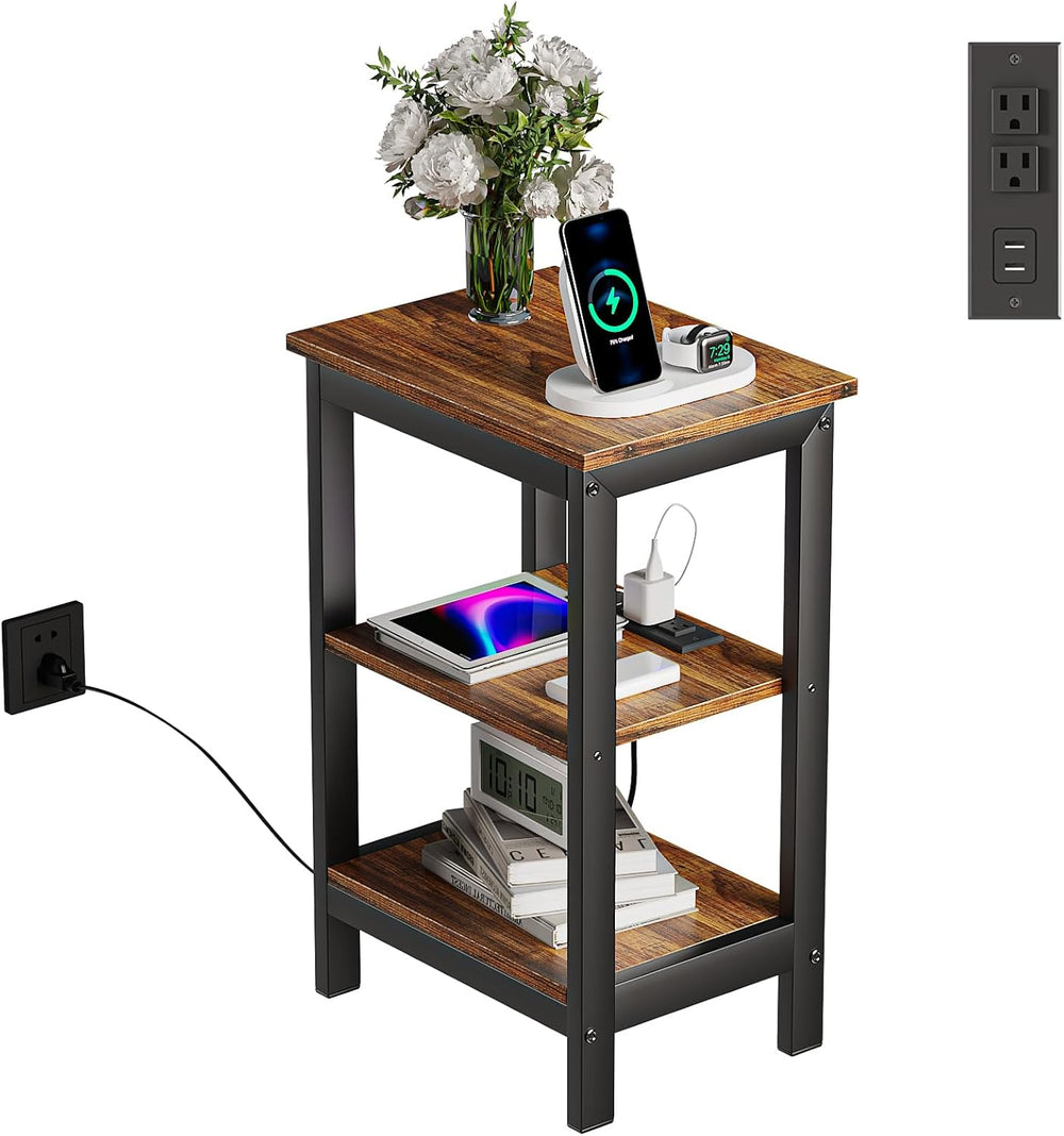 VECELO End Table with Charging Station and USB Ports, Small Wood Nightstand M...