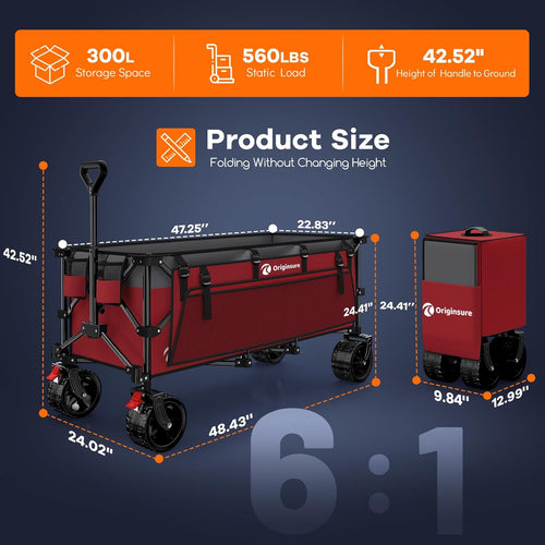 48" L Folding Beach Wagon Cart Foldable, 560lbs Weight Capacity 300L Heavy Duty Collapsible Wagons with Big All-Terrain Wheels, Utility Carts for Groceries, Shopping, Camping, Sports - Grey&Red
