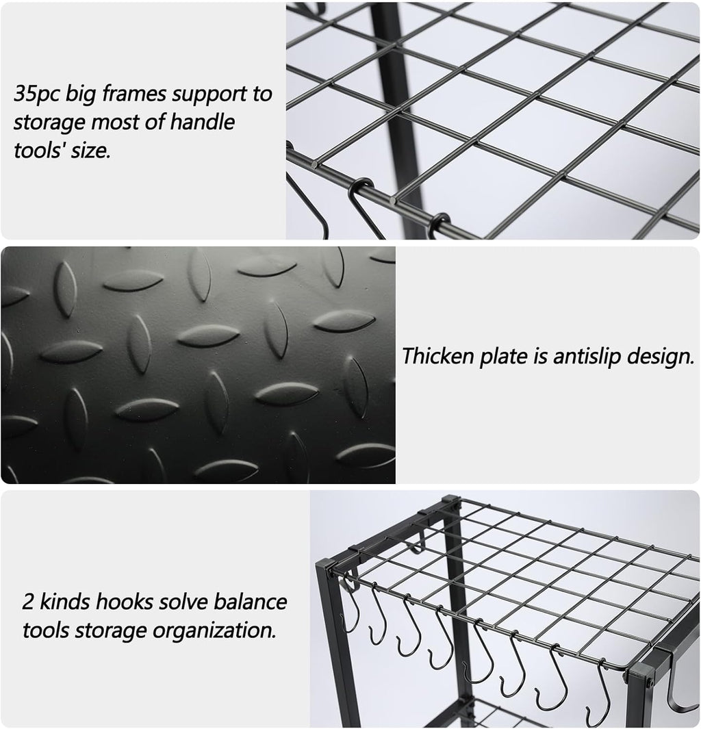 YueTong Garden Tool Organizer Heavy Duty,Yard Tool Tower Rack,Garage Storage Organization for Long Handle Tools,Rake,Brooms,Extra Hooks for Small Shovel,Shear.All Metal,Free Standing.