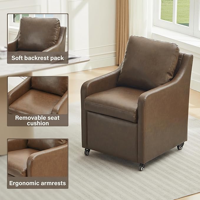 Rolling Dining Chair with Wheels, Upholstered Modern Single Armchair with Casters for Kitchen (2, PU Coffee)