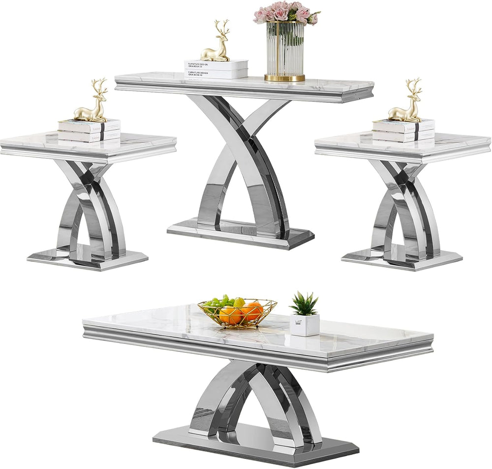 HomVent 4 Pieces Faux Marble Living Room Table Set for Living Room | Faux Mar...