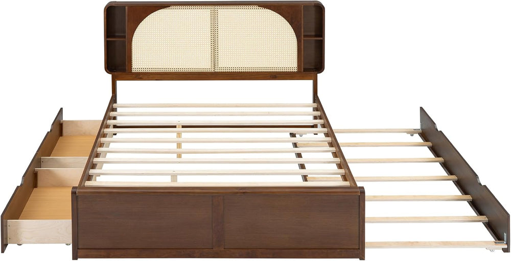 SOFTSEA Queen Size Rattan Bed with Trundle and 2 Drawers, Elegant Traditional...