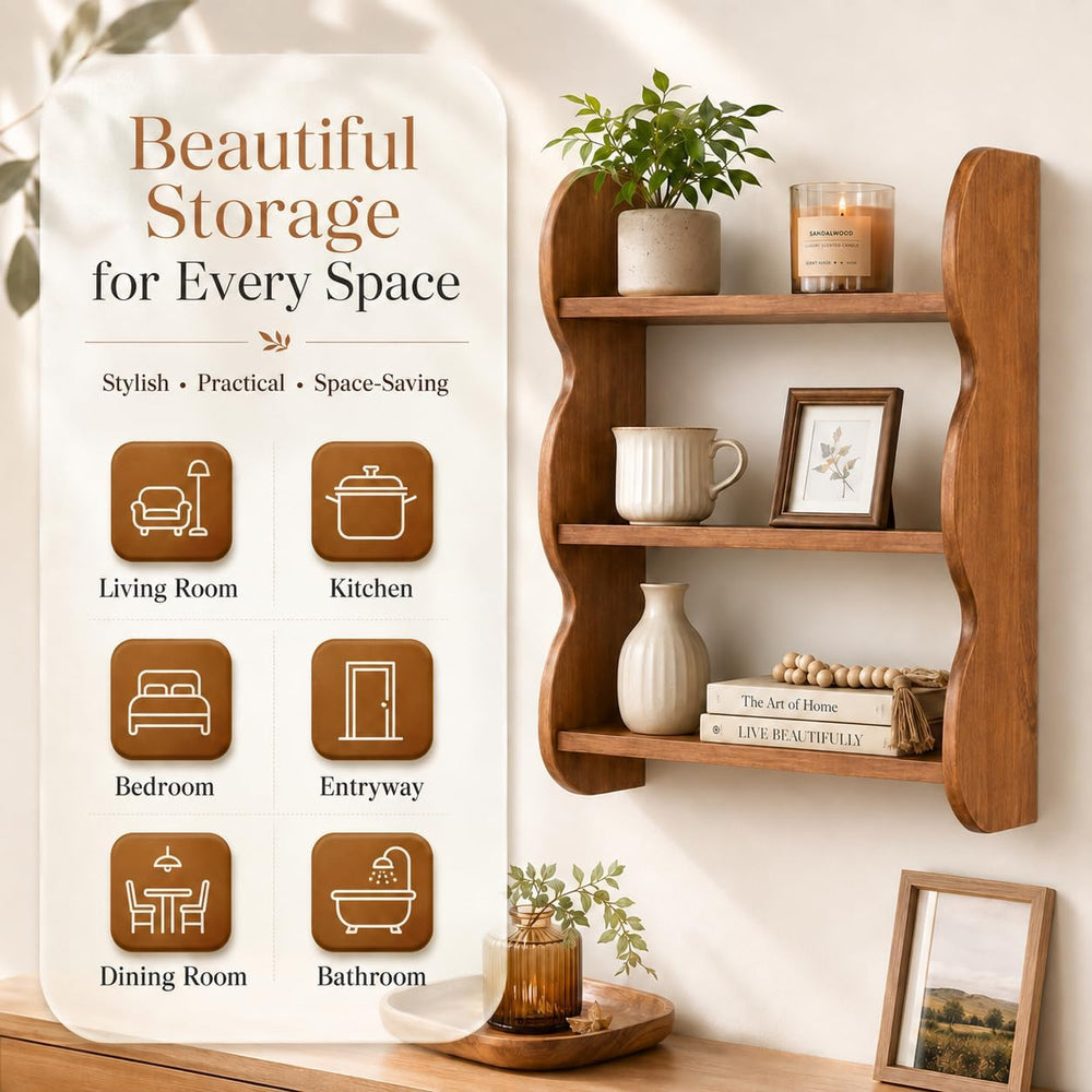 Solid Wood Floating Shelves for Wall, 3 Tier Rustic Vintage Wall Mounted Shel...