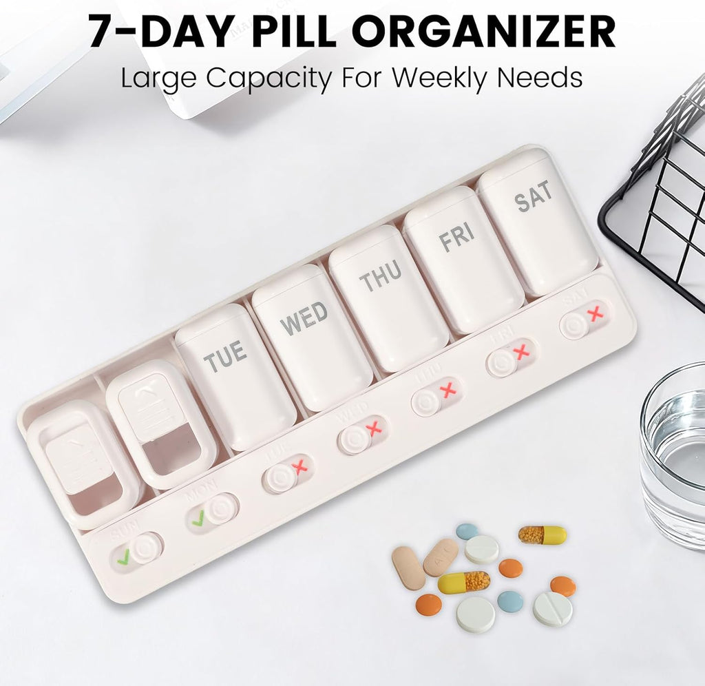 Pill Organizer Easy-Slide Lid, Removable 7 Day 1 Time a Day Pill Box, Large Travel Pill Case, Week Once Daily Medication Dispenser, Pill Container Holder for Supplement, Vitamin, White