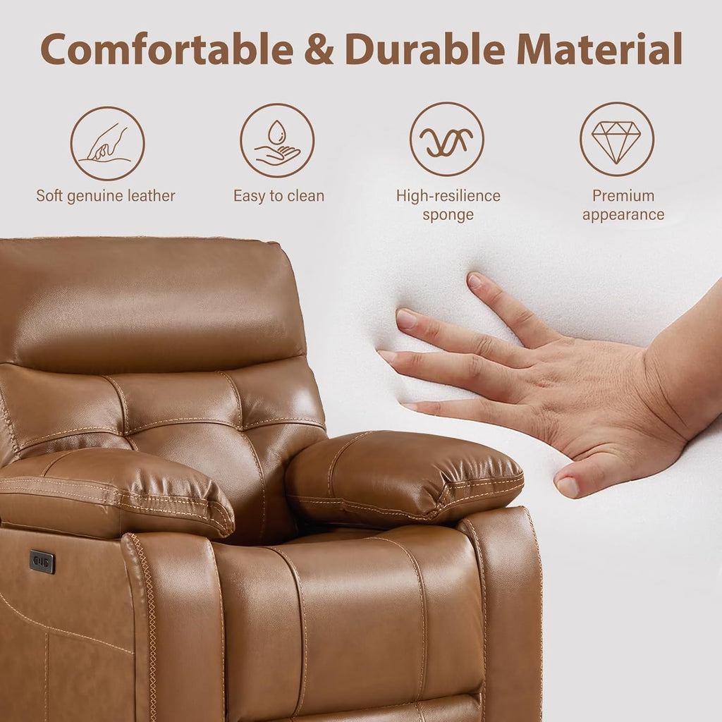 Genuine Leather Power Recliner Sofa,3 Seater Reclining Sofa with Comfortable Arms and Back,Modern Electric Recliner Couch Set with Hidden Cup Holders,USB Port for Living Room,Brown