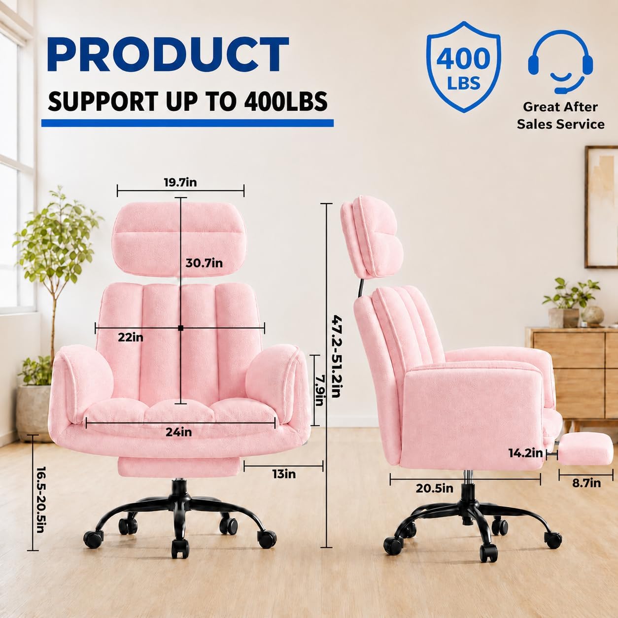 Big and Tall Office Chair with Footrest, Teddy Fabric Ergonomic Desk Chair with Adjustable Armrests, 135° Reclining High Back Computer Chair for Home Office, Cross-Legged Sitting, Pink