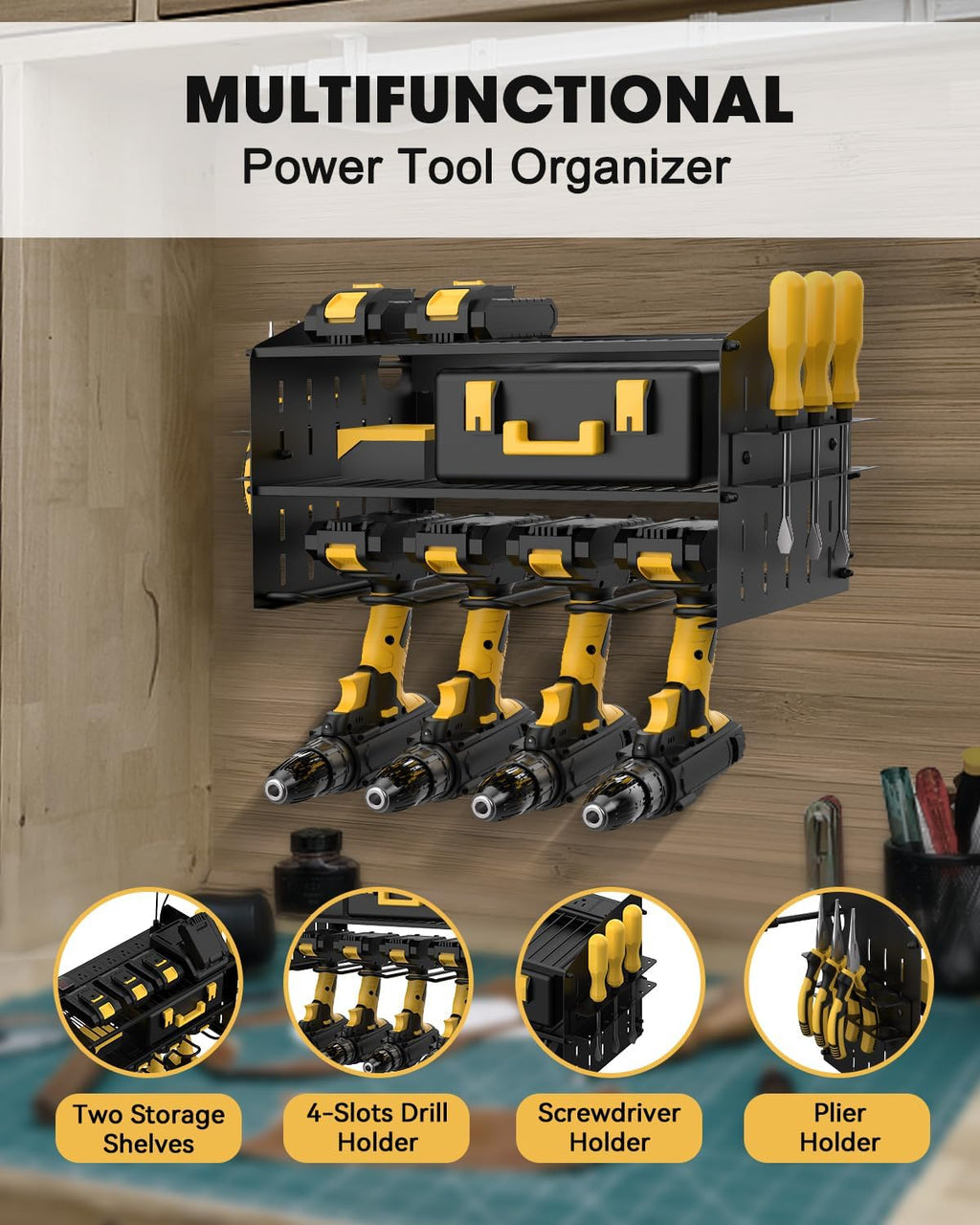 Power Tool Charging Station - 3 Layer Wall Mount Power Tool Organizer with Charging Station for Power Drill, 6AC Outlets, Great as Heavy Duty Tool Rack & Tool Holder for Garage Organization