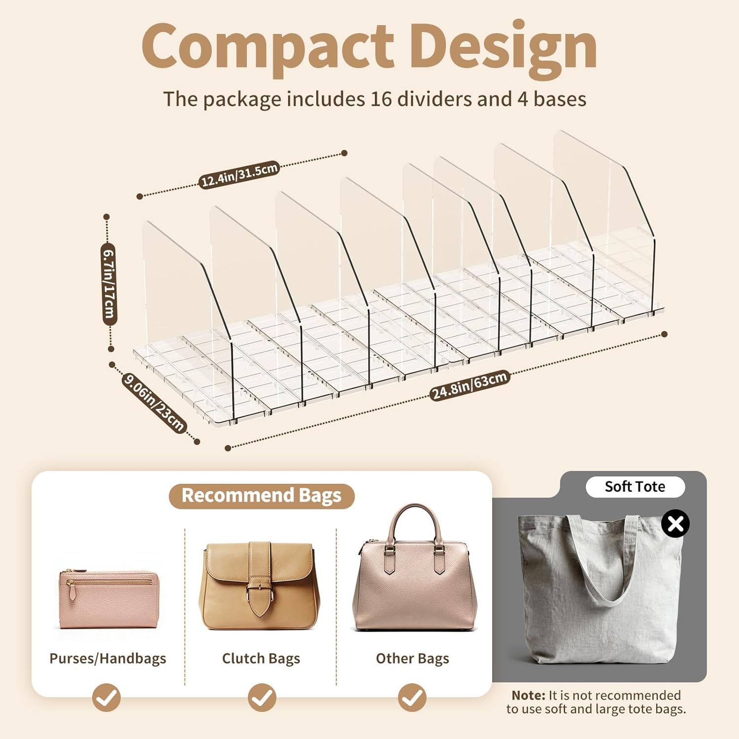 Purse Organizer for Closet, Shelf Divider Adjustable Clear Acrylic Handbag Storage, Bag Storage Separators, Keep Handbag & Books Neat and Upright in Bedroom, Office