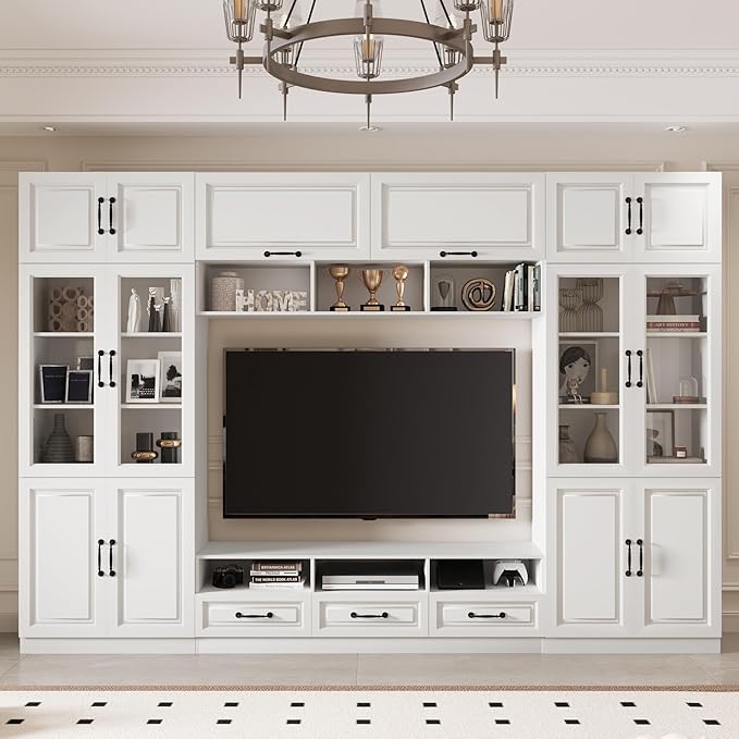 126" Entertainment Center Wall Unit with Glass Doors & Drawers, Large Wall Unit TV Stand for TVs up to 70", Media Console Table for Living Room, Can be Split into 4 Separate Cabinet, White