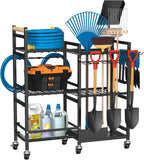 NADAMOO Garden Tool Organizer with Rolling Wheel, 3-tier Metal Shelf Yard Tool Holder, Utility Stand Rack for Garage Organization and Storage, Hold Long-Handled Rakes, Shovel, Broom