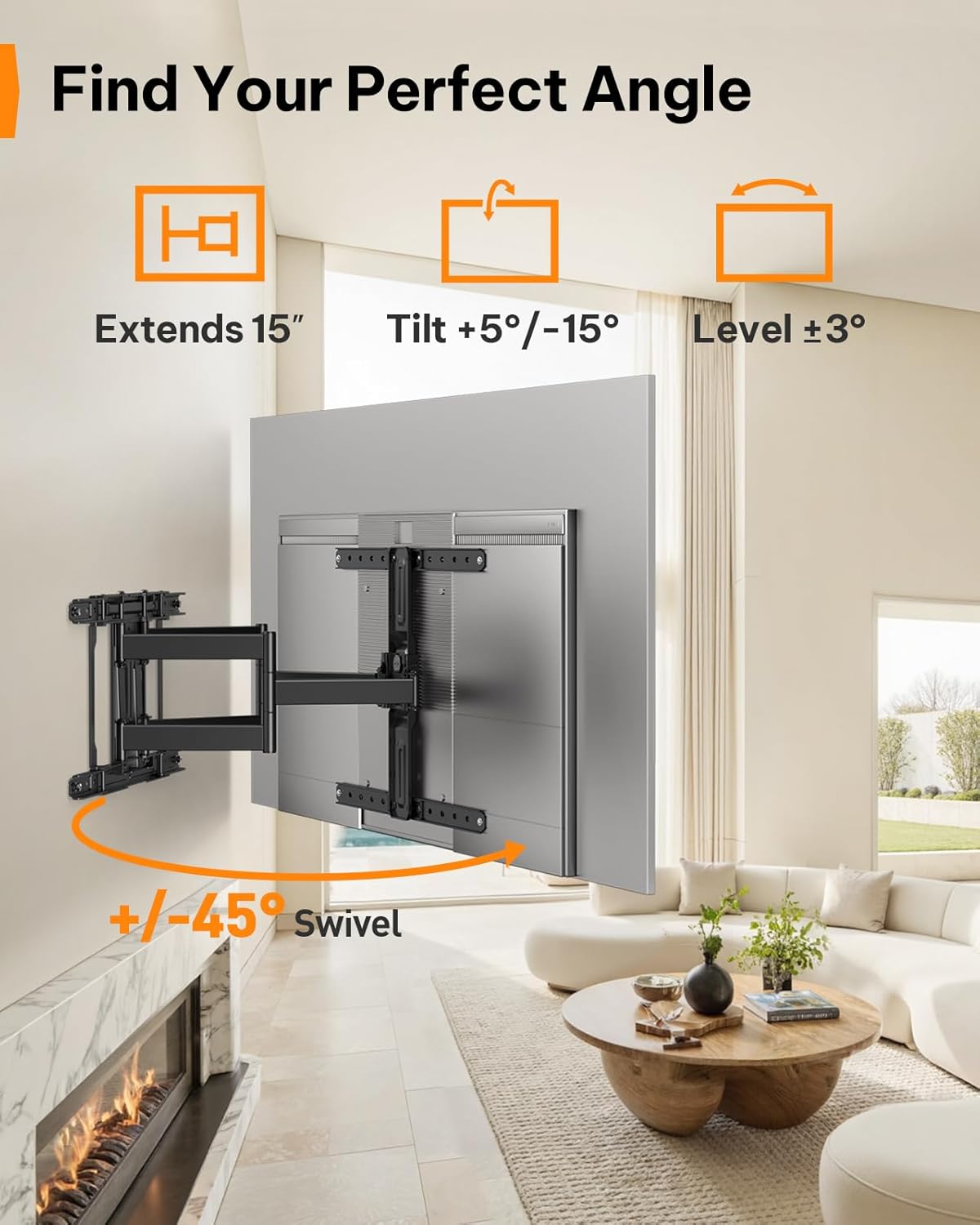 Perlegear Ultra Slim TV Wall Mount 1.1" Low Profile for 42-90" TVs, Fits 16"/24" Studs, Full Motion TV Mount Wall Bracket with Dual Articulating Arms, Swivel, Tilt, Max VESA 600x400mm, Holds 132lbs