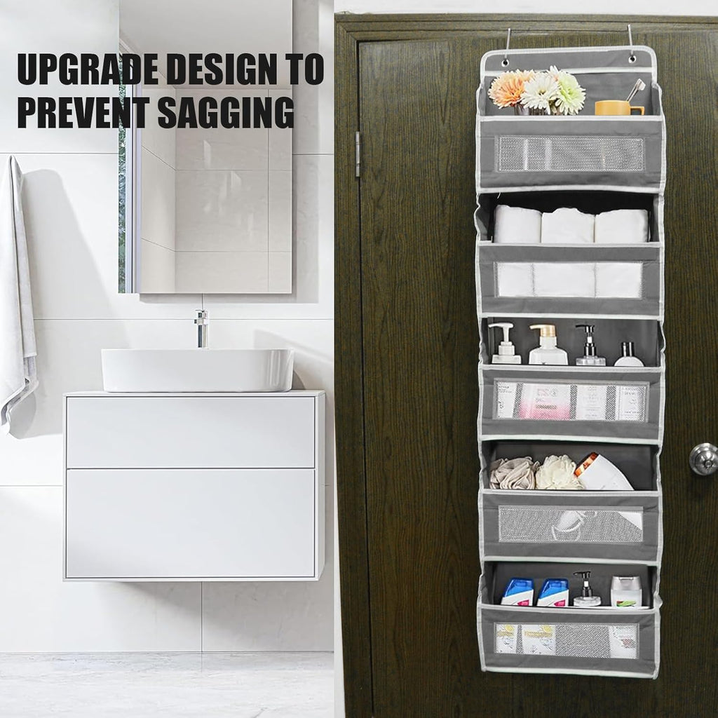 5-Tier Hanging Door Storage Rack Includes 5 shelves and 5 side mesh pockets Multi-compartment design Holds up to 44 lbs Ideal for bathrooms, bedrooms, nurseries, and kitchens (Gray/Black/Charcoal)