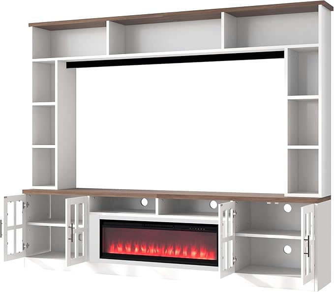 95.5" W Wall Unit Entertainment Center with Bookshelves for TVs up to 80", Modern TV Stand Media Console with Electric Fireplace Cabinets, Adjustable Shelves for Living Room (White+Walnut/F)
