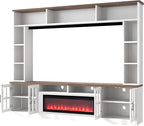 95.5" W Wall Unit Entertainment Center with Bookshelves for TVs up to 80", Modern TV Stand Media Console with Electric Fireplace Cabinets, Adjustable Shelves for Living Room (White+Walnut/F)