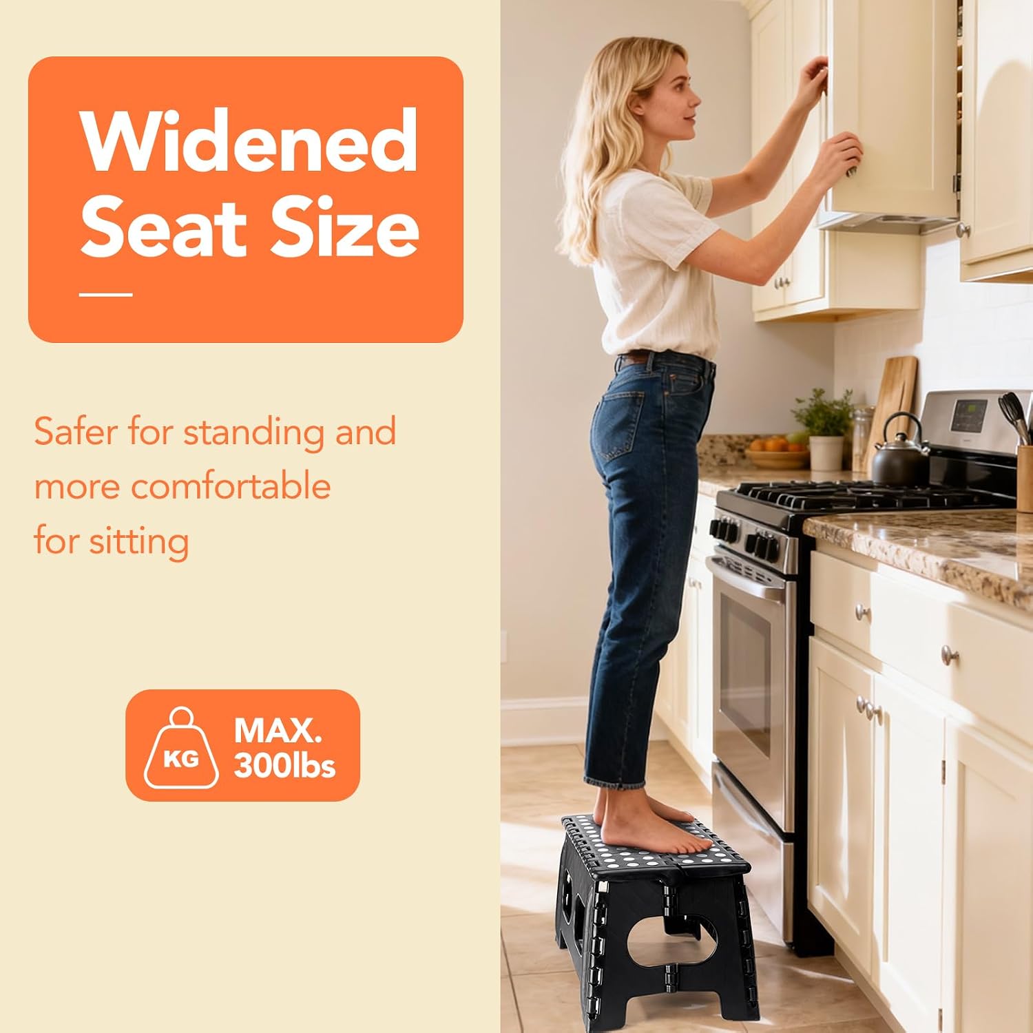 ACSTEP 9 Inch Wide and 9 Inch Folding Step Stool 2-Piece Set, 300 LB Capacity Plastic Foldable Stools with Handle, Non-Slip Step Stool, Home Use (Black & Black)