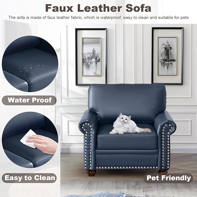 Faux Leather Accent Chair,35" W Upholstered Mid Century Modern Armchair with Rivet Rolled Arm,Deep Seat Comfy Single Sofa Chair for Living Room,Bedroom,Apartment,Office(Navy)