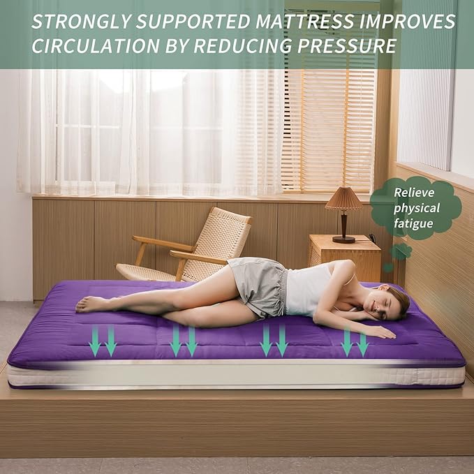MAXYOYO Futon Mattress, Padded Japanese Floor Mattress Quilted Bed Mattress Topper, Extra Thick Folding Sleeping Pad Breathable Floor Lounger Guest Bed for Camping Couch, Deep Purple, Queen Size