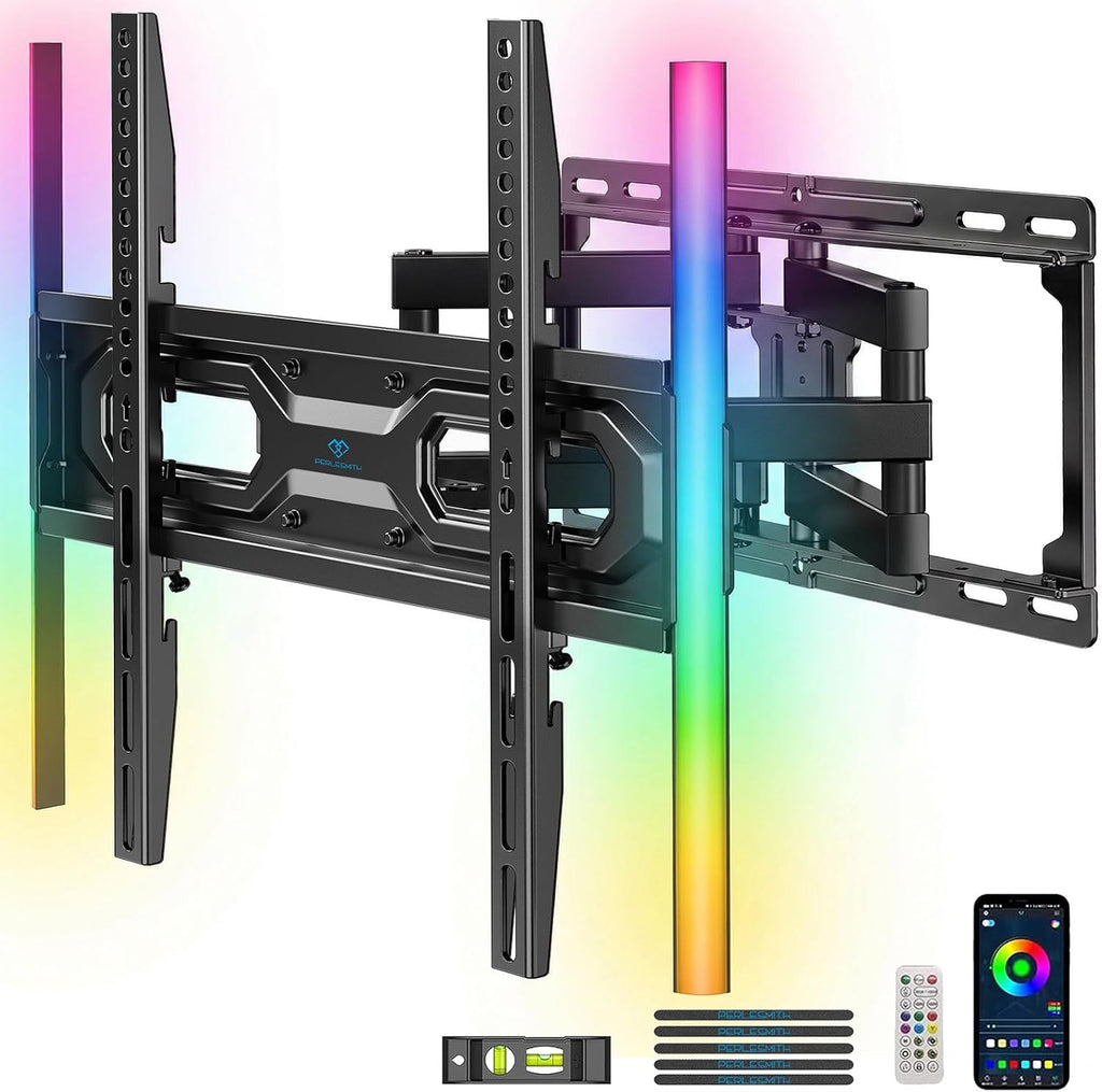 PERLESMITH Full Motion TV Wall Mount with LED Lights for 28-65 Inch TVs, Pre-Assembled TV Mount Up to 88 lbs, Max VESA 400x400mm, Swivel, Extension, Tilt, Music Sync Backlights, Fits 12/16" Wood Studs