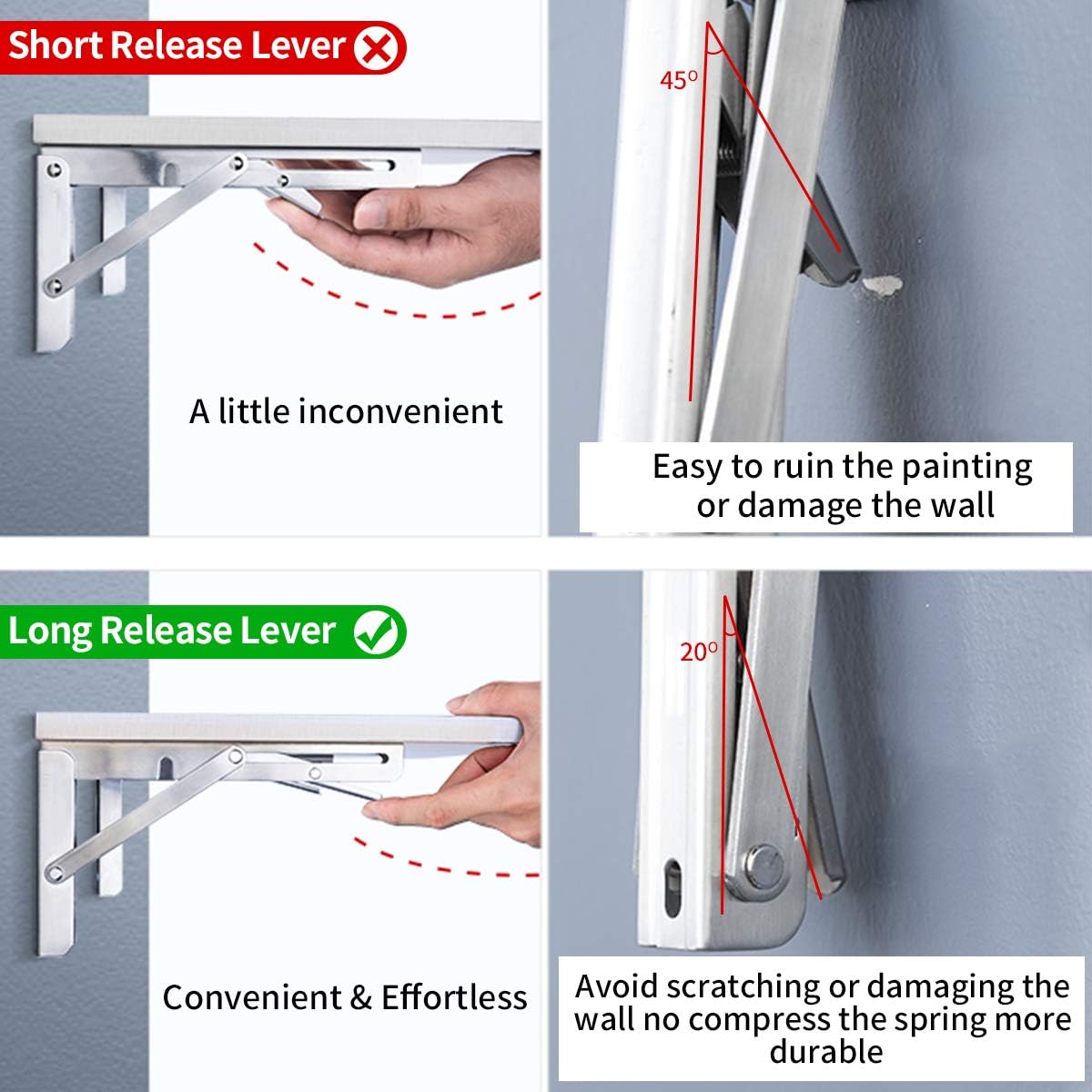 YUMORE Folding Shelf Bracket 18",Heavy Duty Stainless Steel Collapsible Shelf-Bracket Max Load 330lbs Wall Mounted Table Support Hinge for Space-Saving DIY Work Bench with Install Screws, Pack of 2