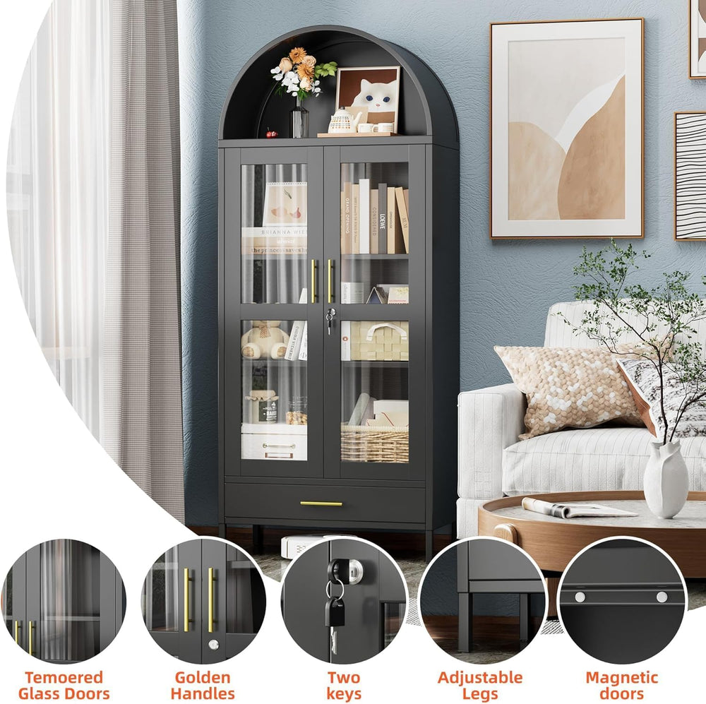 72.83" H Black Metal Arched Cabinet with 1 Drawer,Arched Cabinet with Gl...