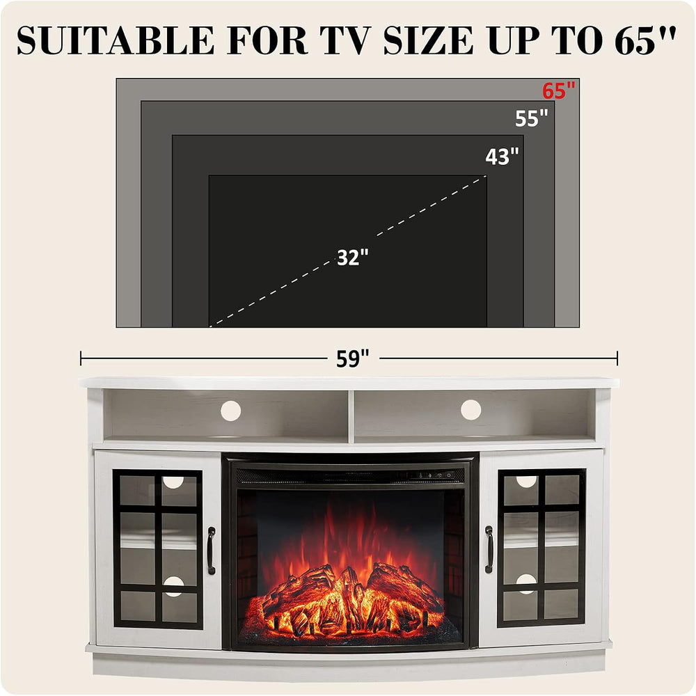 LUXOAK 59" Curved Fireplace TV Stand with Storage Cabinet for TVs Up to ...