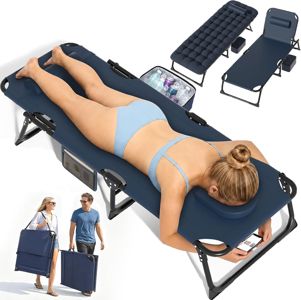 Suteck Tanning Chair with Face Hole, Folding Beach Lounge Chairs, Blue | Adjustable 5-Position Reclining Chaise, Removable Cushion & Pillow, Cooler Bag, 500Lbs Heavy-Duty for Outdoor Camping& Home
