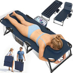Suteck Tanning Chair with Face Hole, Folding Beach Lounge Chairs, Blue | Adjustable 5-Position Reclining Chaise, Removable Cushion & Pillow, Cooler Bag, 500Lbs Heavy-Duty for Outdoor Camping& Home