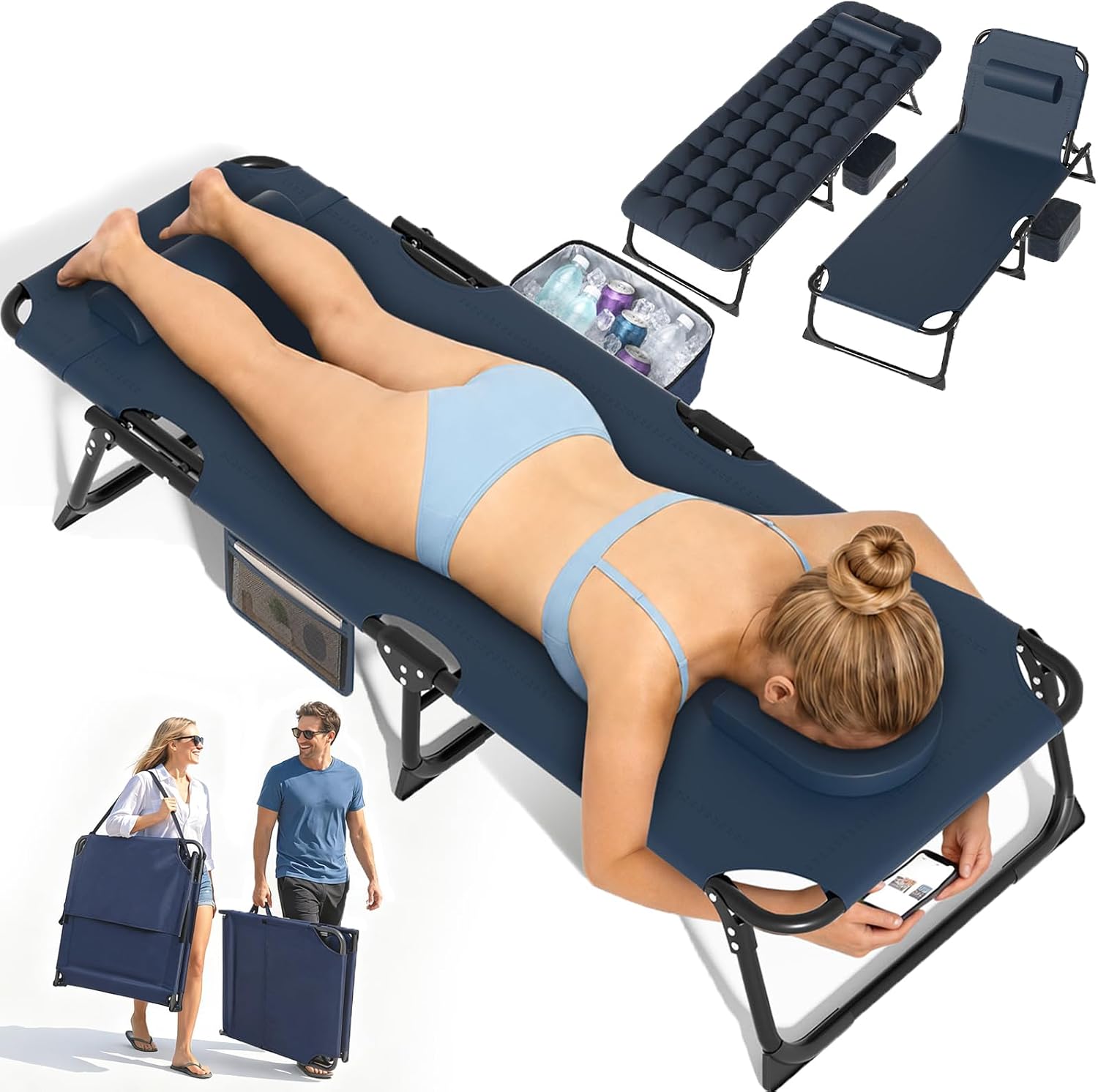 Suteck Tanning Chair with Face Hole, Folding Beach Lounge Chairs, Blue | Adjustable 5-Position Reclining Chaise, Removable Cushion & Pillow, Cooler Bag, 500Lbs Heavy-Duty for Outdoor Camping& Home