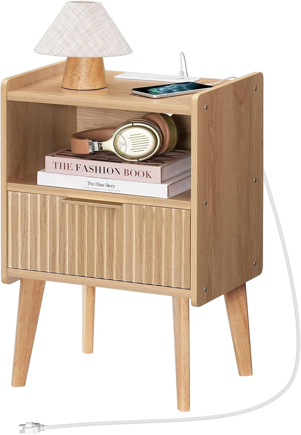 MAHANCRIS Natural Nightstand with Charging Station, Modern Bedside Table with...