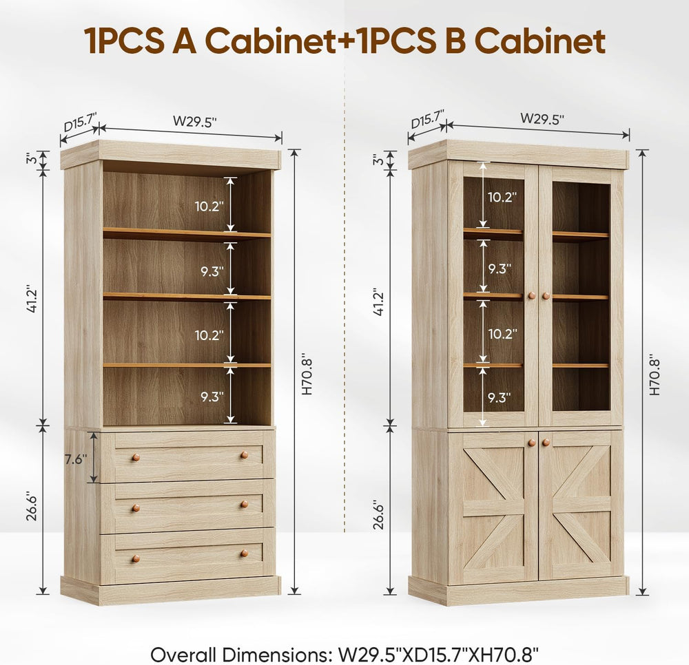 71" Tall Farmhouse Kitchen Pantry, Large Storage Cabinet with Glass Door...