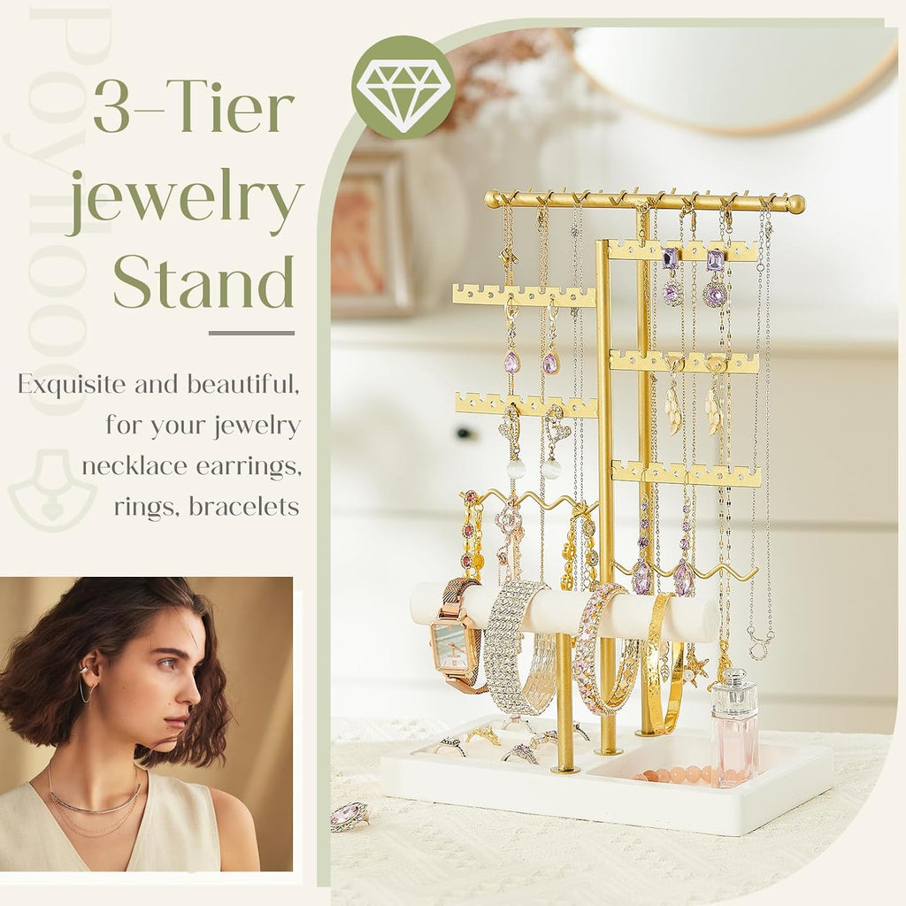 Poyilooo Earring Holder Jewelry Stand, 3 Tier Jewelry Organizer with Ring Holder Tray for Necklace Earring Keychains Bracelet Rings Display Jewelry Tree Stand (Whitegold)