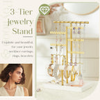 Poyilooo Earring Holder Jewelry Stand, 3 Tier Jewelry Organizer with Ring Holder Tray for Necklace Earring Keychains Bracelet Rings Display Jewelry Tree Stand (Whitegold)