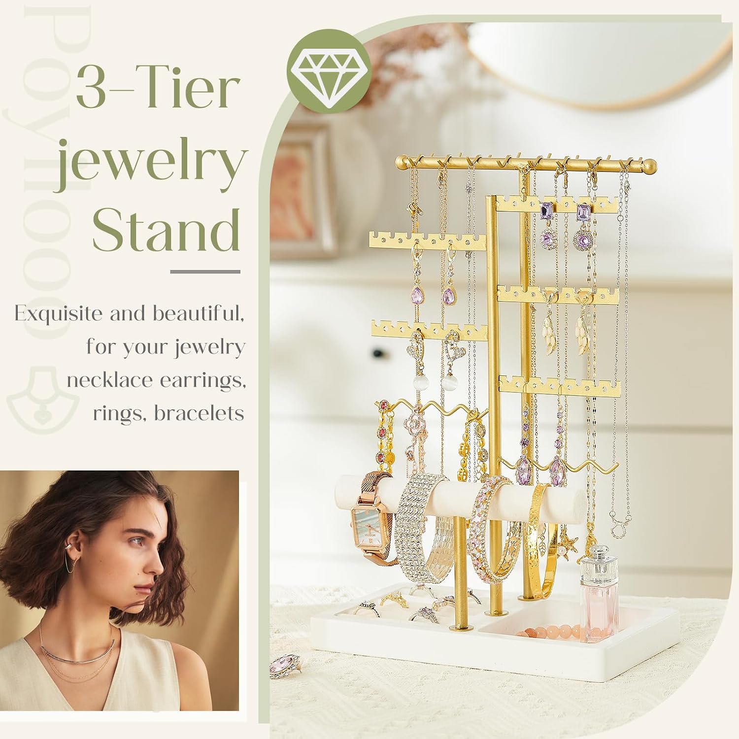 Poyilooo Earring Holder Jewelry Stand, 3 Tier Jewelry Organizer with Ring Holder Tray for Necklace Earring Keychains Bracelet Rings Display Jewelry Tree Stand (Whitegold)