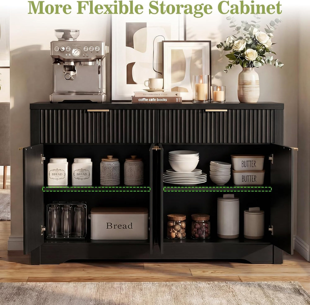 Cyclysio 55" Fluted Sideboard Buffet Cabinet with Drawers (Black, 4 Doors)