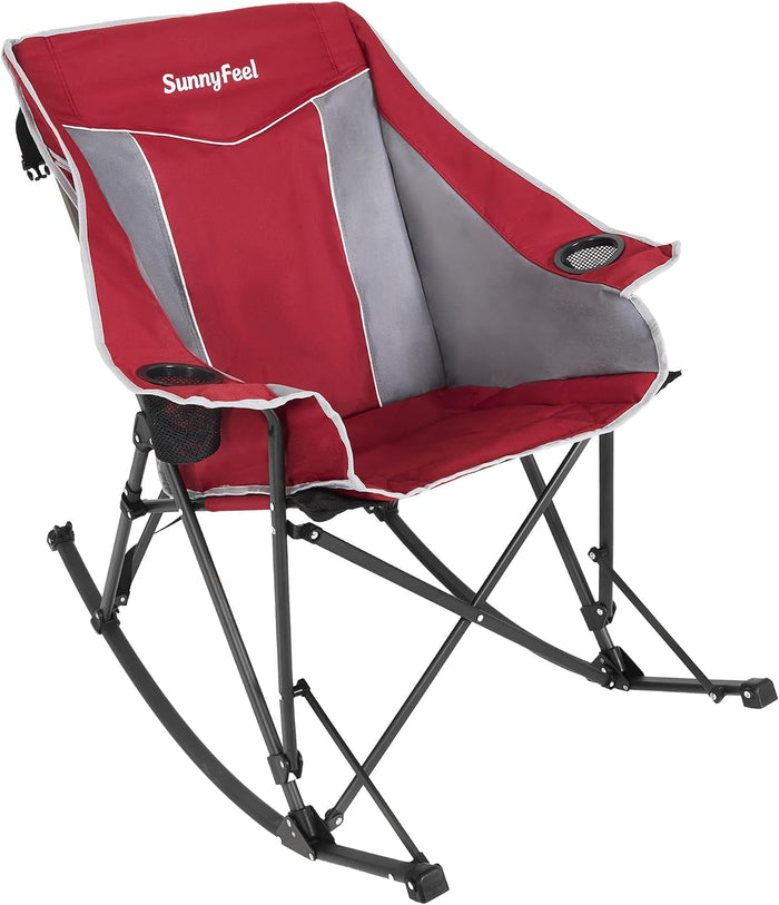 SUNNYFEEL Oversized Folding Rocking Camping Chair Fully Padded Patio Chair Red Portable Outdoor Rocker High Back Portable Lawn Recliner with Side Pocket Camp Rocker Chairs Heavy Duty 500 LBS