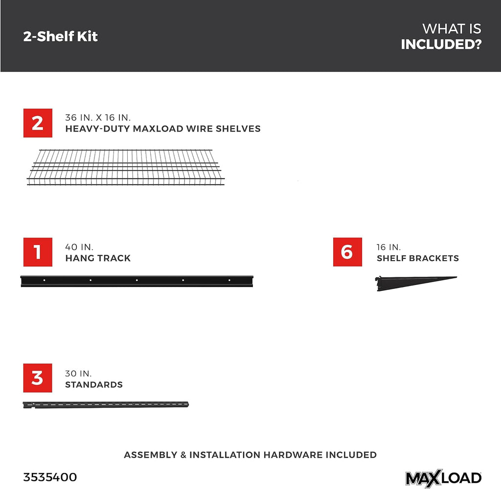 ClosetMaid MaxLoad Heavy Duty Wall Shelf Kit for Garage, 2 Shelves, Adjustable ShelfTrack Wire Shelving, Black Finish
