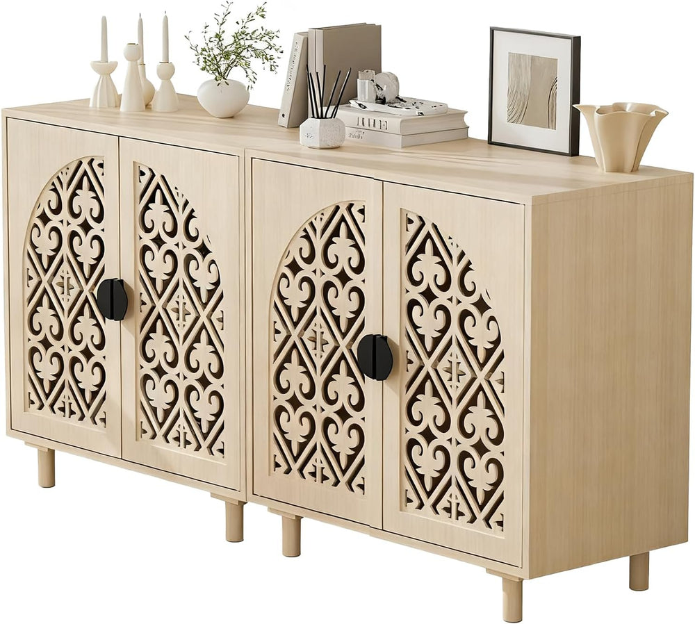 Set of 2 Sideboard Buffet Cabinet, Boho Storage Cabinet with Doors and Shelve...