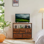 DUMOS TV Stand, Dresser with 5 Fabric Storage Drawers, Media Console Featuring Open Shelf for TV, Compact Entertainment Unit for Bedroom, Living Space, or Dorm Organization, Brown