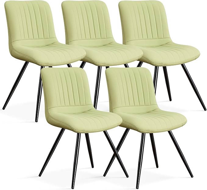 Dining Chairs Set of 5, Modern Dining Chairs with Thick Cushions, PU Leather Upholstered Kitchen Dining Room Chairs with Metal Legs for Dining Living Room (Green)